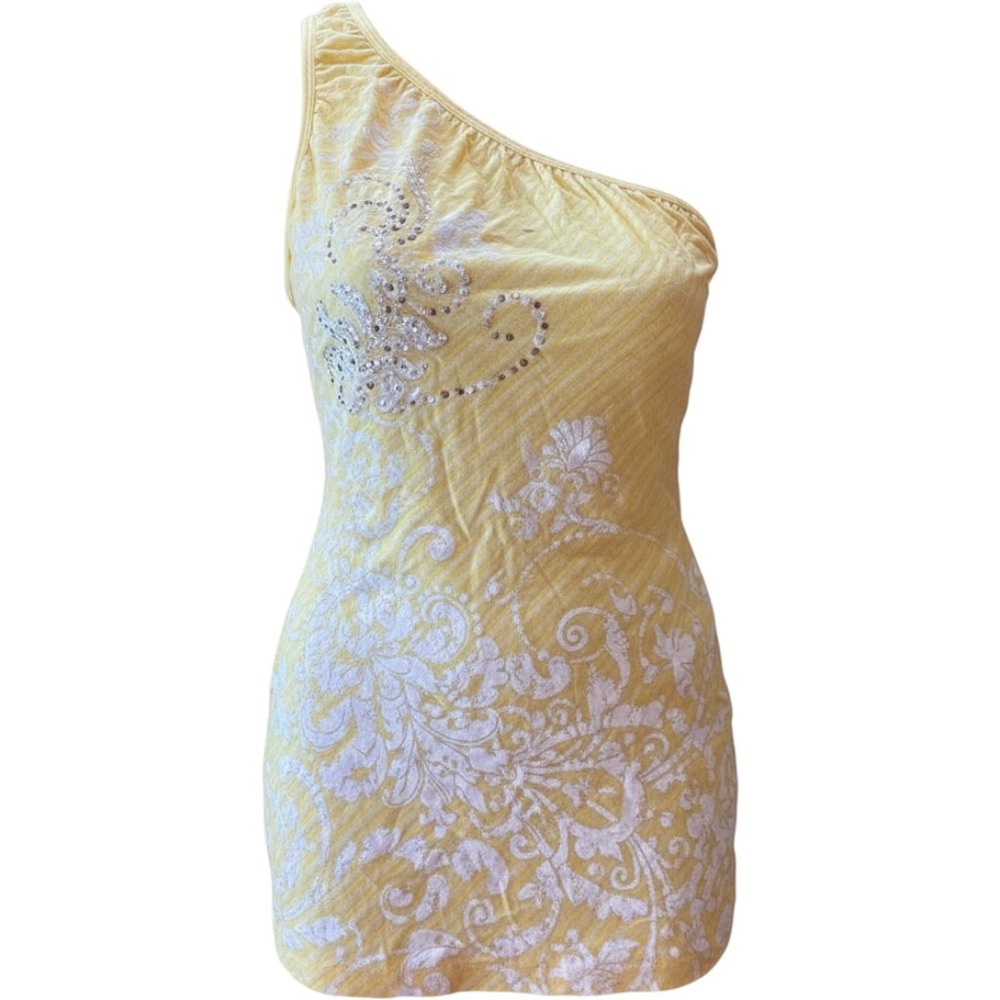 Y2K One Shoulder Top Women Large Bratz Yellow Floral Rhinestone Fairy Streetware